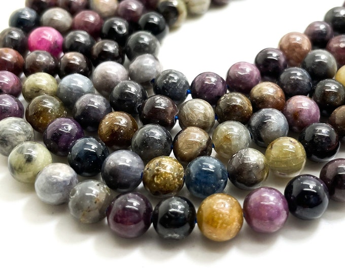 Genuine Natural Sapphire Ruby, High Quality Multi Color 6mm Ruby Sapphire Polished Round Gemstone Beads RN162B