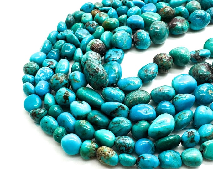 Natural Blue Turquoise Beads, Genuine Arizona Turquoise Smooth Rough Nugget Pebble Gemstone Beads (Assorted Size) - PGS246