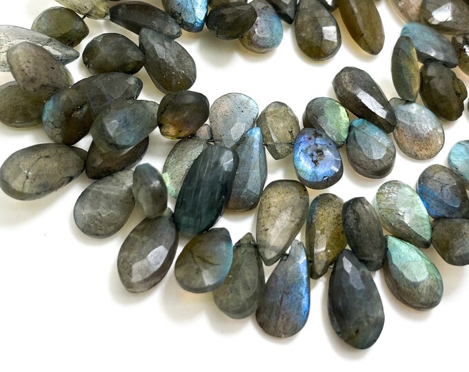 Natural Labradorite Beads, Faceted Teardrop Flat Rainbow Black Labradorite Gemstone Beads Half Strand - PG219