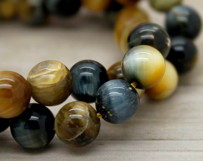 Natural Tiger's Eye, High Quality Blue Gold Tiger's Eye Round Smooth Loose Gemstone Beads (6mm, 8mm, 10mm) - RN12