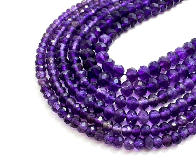 Grade AA Natural Purple Amethyst Faceted Rondelle 3mm x 4mm, 4mm x 5mm, 4mm x 6mm Gemstone Beads - RDF118