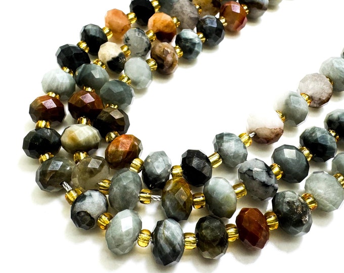 Natural Multi-Color Eagle Eye Faceted Rondelle 5mm x 8mm Gemstone Beads - PGS321