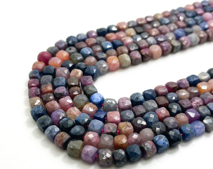 Natural Sapphire Ruby Beads Square Cube Faceted Size 4mm Natural Gemstone Beads - PGS262