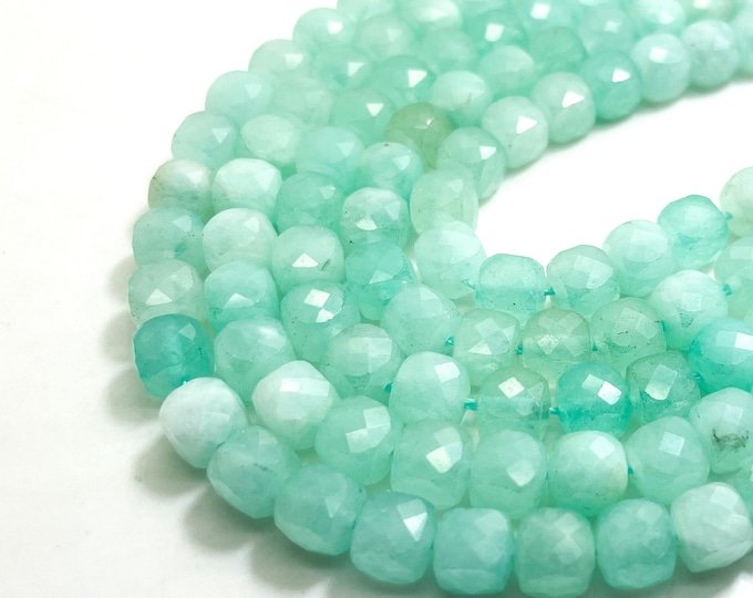 Natural Green Amazonite Square Cube Faceted Size 7mm Gemstone Beads - PGS262