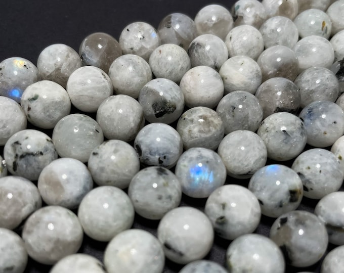 Natural Rainbow Moonstone with Black Specks Genuine 6mm 8mm 10mm High Quality Smooth Round Gemstone Beads Full Strand RN61