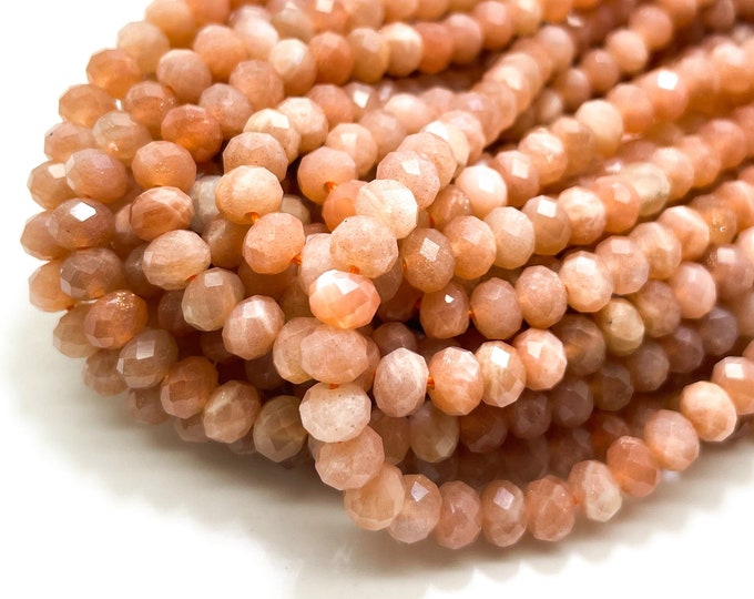 Peach Moonstone Beads, Natural Peach Moonstone Faceted Roundelle 4mm x 5mm Gemstone Beads - RDF91