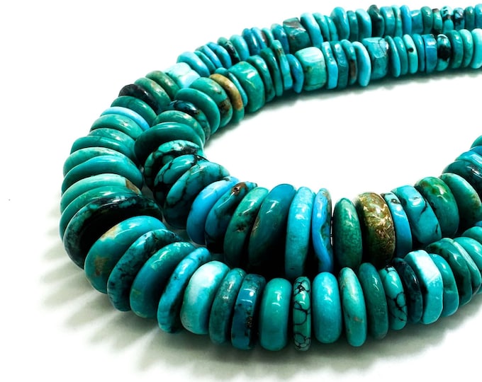 Natural Blue Arizona Turquoise, Genuine AAA Turquoise Smooth Flat Rondelle Nugget Gemstone Beads (Assorted Size) - PGS392