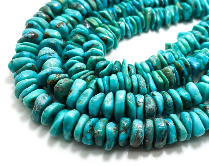 Arizona Kingman Turquoise, Grade AAA Blue Turquoise Smooth Polished Flat Disc Rondelle Gemstone Beads (Assorted Size) - PGS158 - 16" Strand