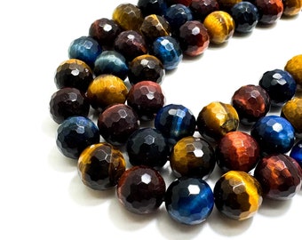 Blue Red Yellow Tiger Eye Faceted Round Gemstone Beads 6mm 8mm 10mm 12mm - RNF19