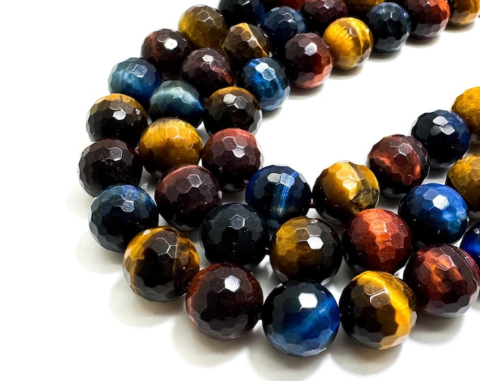 Blue Red Yellow Tiger Eye Faceted Round Gemstone Beads 12mm - RNF19