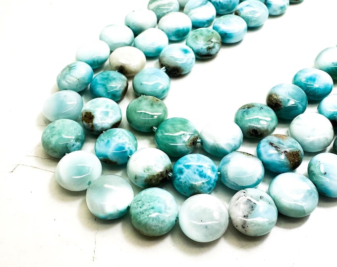 Natural Blue Larimar Flat Round Coin Beads - 5mm x 10mm Polished Gemstone Strands for Jewelry Making - PG313