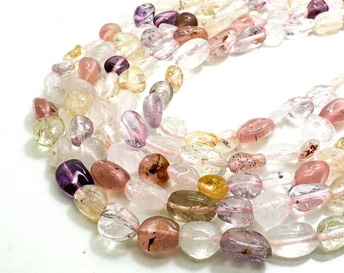 Natural Mixed Amethyst Purple Ametrine Pink Clear Quartz Polished Nugget Pebble Barrel Gemstone Beads - PG318C