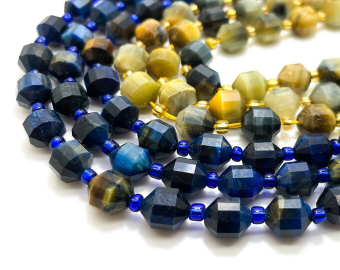 Natural Blue Golden Tiger Tiger's Eye Faceted Round 7mm x 8mm Double Terminated Points Energy Prism Cut Loose Gemstone Beads - PGS300
