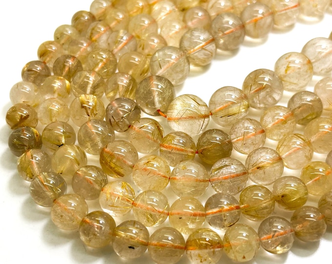 Genuine Rare AAA Yellow Golden Rutilated Quartz Polished Smooth Round 8mm 10mm 12mm Gemstone Beads - RN184