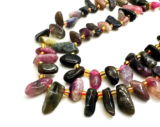 Natural Rainbow Tourmaline Freeform Chip Irregular Slab Flat Shapes Stick Gemstone Beads - PGS214