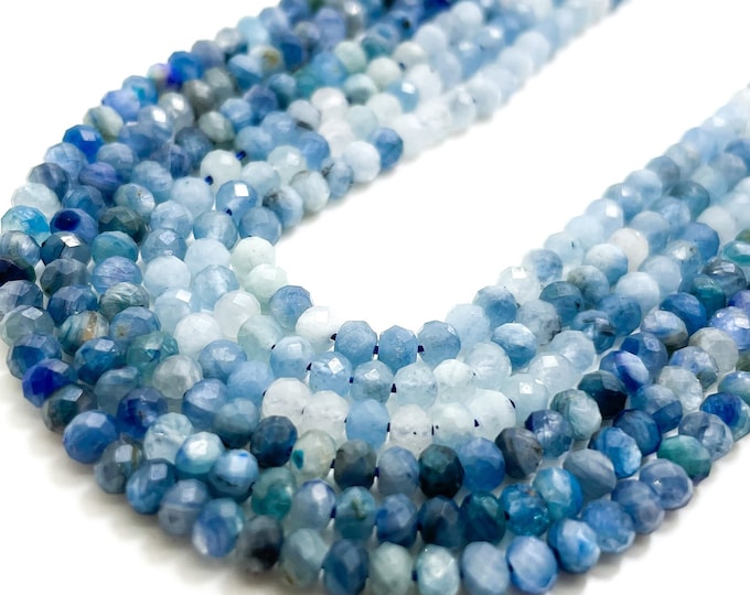Natural Aquamarine Kyanite Beads, Faceted Rondelle Blue Aquamarine Kyanite 3mm x 4mm Aquamarine Gemstone Beads - RDF71