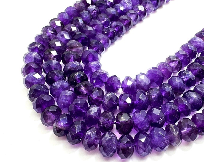 Grade A Natural Purple Amethyst Faceted Rondelle 5mm x 8mm Gemstone Beads - RDF118