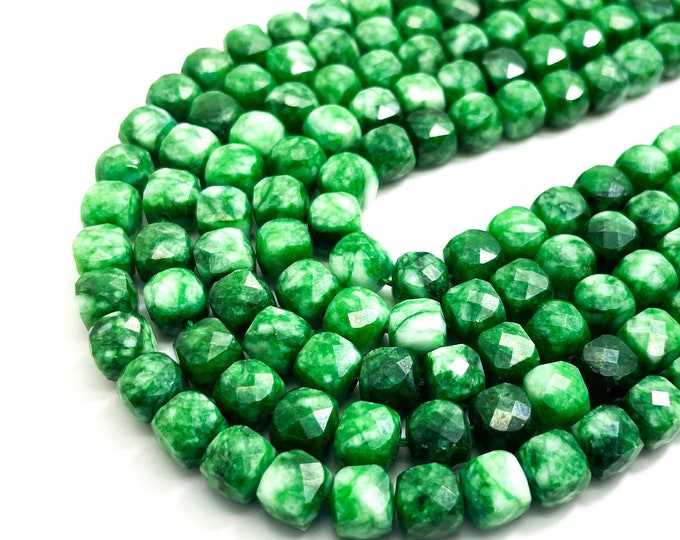 Natural Green Mountain Jade Square Cube Faceted Size 7mm Gemstone Beads - PGS262