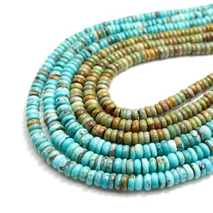 Natural Genuine Turquoise, Arizona Kingman Turquoise Polished Smooth Rondelle 2mm x 5mm Gemstone Beads - PGS376 - 16&quot; Strand