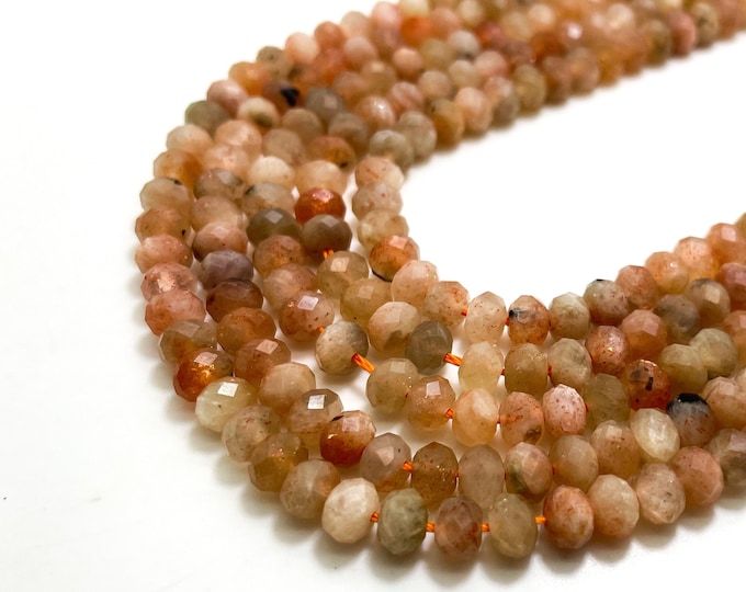 Peach Moonstone Beads, Natural Peach Moonstone Faceted Rondelle 4mm x 6mm Gemstone Beads - RDF98