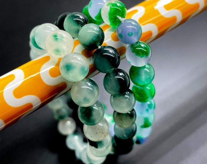 Green Phantom Quartz Bracelet, 8mm Dyed Green Quartz Smooth Round Stretch Loose Gemstone Beads Handmade Beaded Bracelet - PGB64