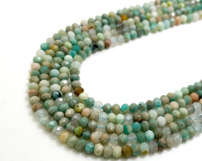 Blue Green Amazonite Hard Cut Faceted Rondelle Natural Gemstone Loose Beads 3mm x 4mm - RDF35B