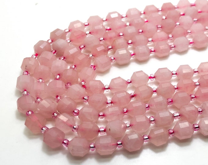 Natural Pink Rose Quartz Faceted Round 7mm x 8mm Double Terminated Points Energy Prism Cut Loose Gemstone Beads - PGS314