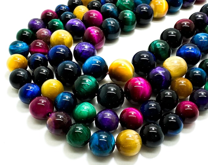 Multi-Color Rainbow Tiger Eye Polished Smooth Round 8mm 10mm Gemstone Beads - RN164B