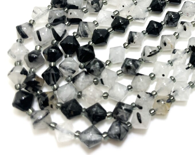 Natural Black Hair Tourmaline Bicone Beads Faceted 8mm Gemstone Beads 15.5" Strand - PGS315X