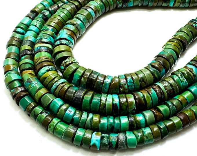 Natural Genuine Turquoise, Green Hubei Turquoise Heishi Rondelle Disc Gemstone Beads - PG93E