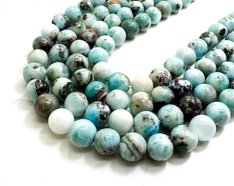 Natural Larimar Smooth Round Beads - 6mm 8mm 10mm 12mm Caribbean Blue Larimar Smooth Gemstone Strands for Jewelry Making PG313