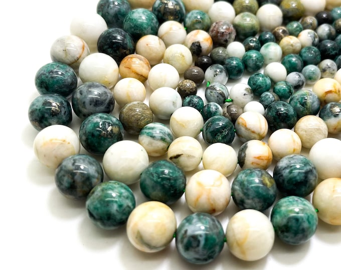 Rare Natural Pyrite in Green White Jade 6mm 7mm 8mm 10mm Smooth Polished Round Gemstone Beads - RN156