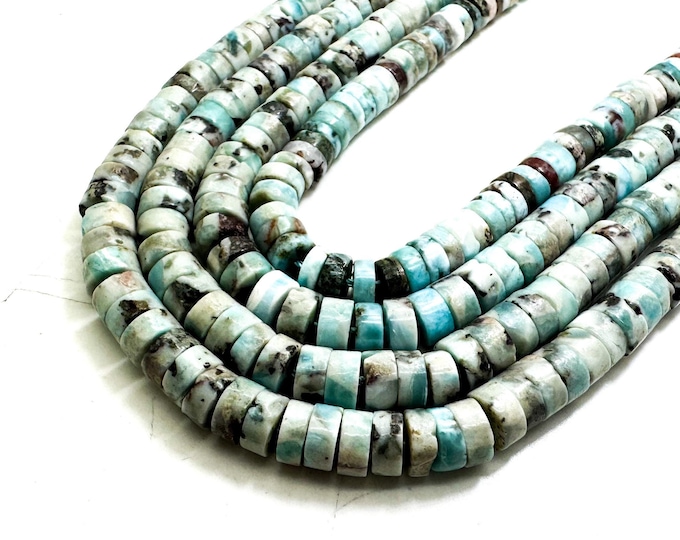 Natural Larimar Heishi Beads - Round Disc Heishi Caribbean Blue Larimar Smooth Gemstone Strands for Jewelry Making PG313