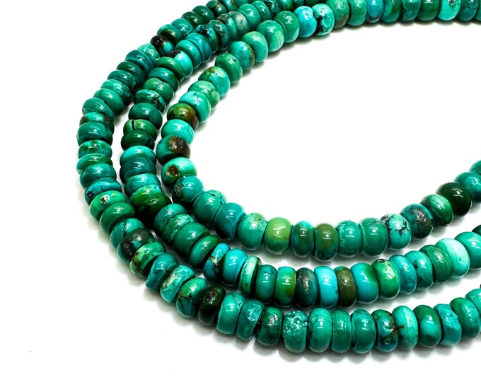 Natural Turquoise Beads, Genuine Blue Green Turquoise Polished Smooth 7mm Rondelle Gemstone Beads - PGS396C