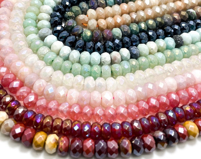 Coated Natural Moonstone, Agate, Mookaite, Amazonite, Ryholite, Rose Quartz, Jade 5mm x 8mm Faceted Rondelle Gemstone Beads - RDF26