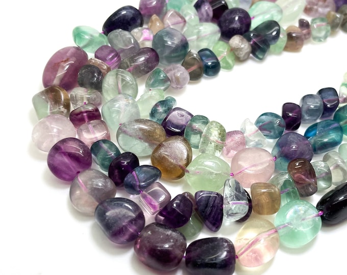 Natural Fluorite Beads, Rainbow Fluorite Pebbles Polished Smooth Nugget Gemstone Beads (Assorted Size) - PGS384
