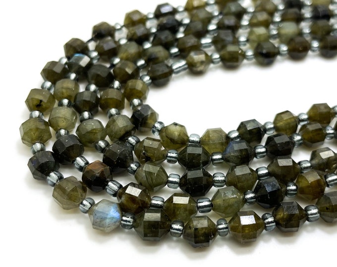 Natural Dark Gray Rainbow Labradorite Faceted Round 6mm x 7mm Double Terminated Points Energy Prism Cut Gemstone Beads - PGS305