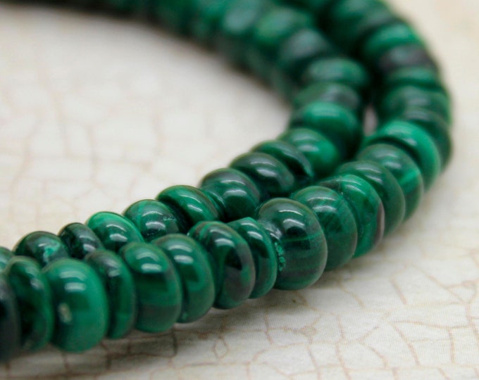 Malachite, Natural Malachite Smooth Rondelle Flat Disc Loose Gemstone Beads - RD01