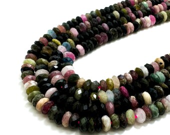 Natural Rainbow Tourmaline, 2mm x 5mm Multi color Genuine Tourmaline Faceted Rondelle Gemstone Beads - RDF66