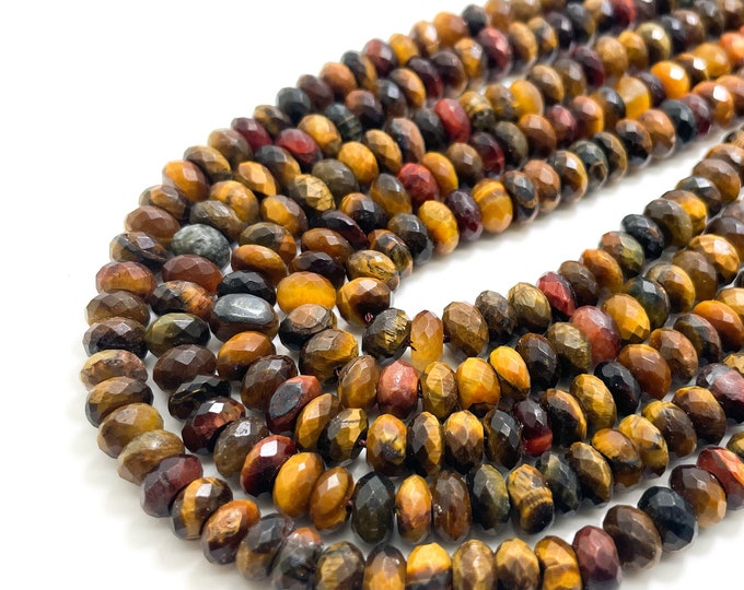 Yellow Red Tiger Eye Faceted Rondelle 8mm Natural Gemstone Beads - RDF54B