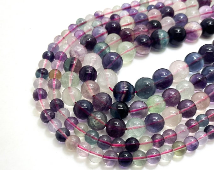 High Quality Fluorite, Multi Color Fluorite Natural Gemstone Polished Smooth Round 6mm 8mm 10mm Beads - RN65B