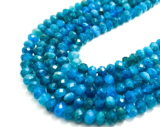 Natural Apatite Beads, Faceted Rondelle 4mm x 5mm Blue Apatite Gemstone Beads - RDF73