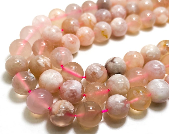 Pink Agate Beads, Natural Cherry Blossom Agate Smooth Round Sphere Ball Gemstone Beads - RN107