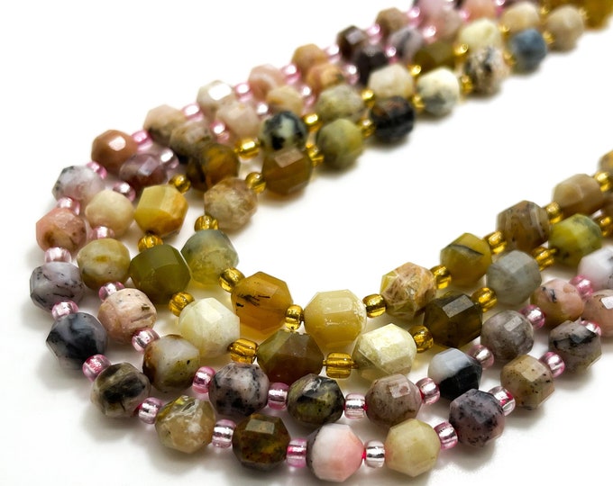 Natural Opal, Yellow Pink Opal Octagon Faceted Round Double Terminated Points Energy Prism Cut Gemstone Beads - PGS304