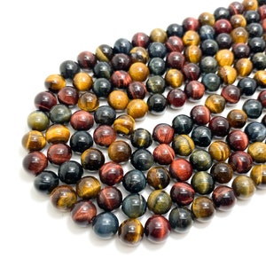Multi-Color Blue Red Yellow Natural Tiger Eye Polished Smooth Round 8mm 10mm 12mm 14mm 16mm 18mm Gemstone Beads - RN164A