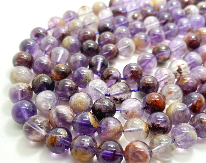 Genuine Super Seven Beads, Purple Rutilated AAA Super Seven Polished Smooth Round Natural Gemstone Stone Beads - Full Strand - RN38