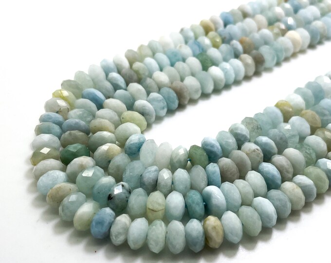 Natural Aquamrine Beads, AAA Blule Faceted Rondelle Aquamarine 5mm x 8mm  Gemstone - 15.5" - RDF64B