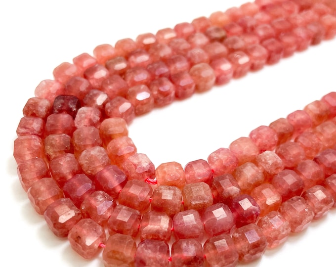 Natural Strawberry Quartz Square Cube Faceted Size 7mm Pink Gemstone Beads - PGS262