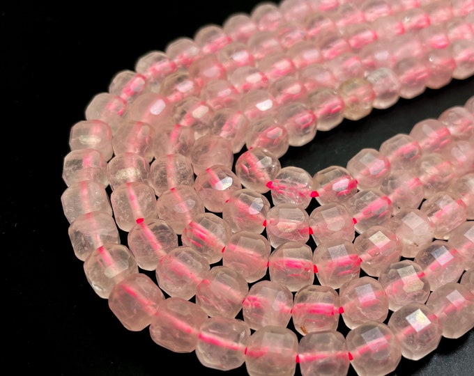 Natural Rose Quartz Square Cube Faceted Size 7mm Pink Gemstone Beads - PGS262