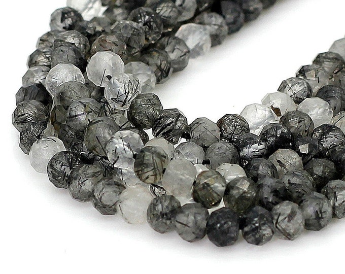 Faceted Black Rutilated Quartz, Rondelle Faceted Natural Black Hair Quartz 3mm x 4mm Loose Gemstone Beads - RDF78